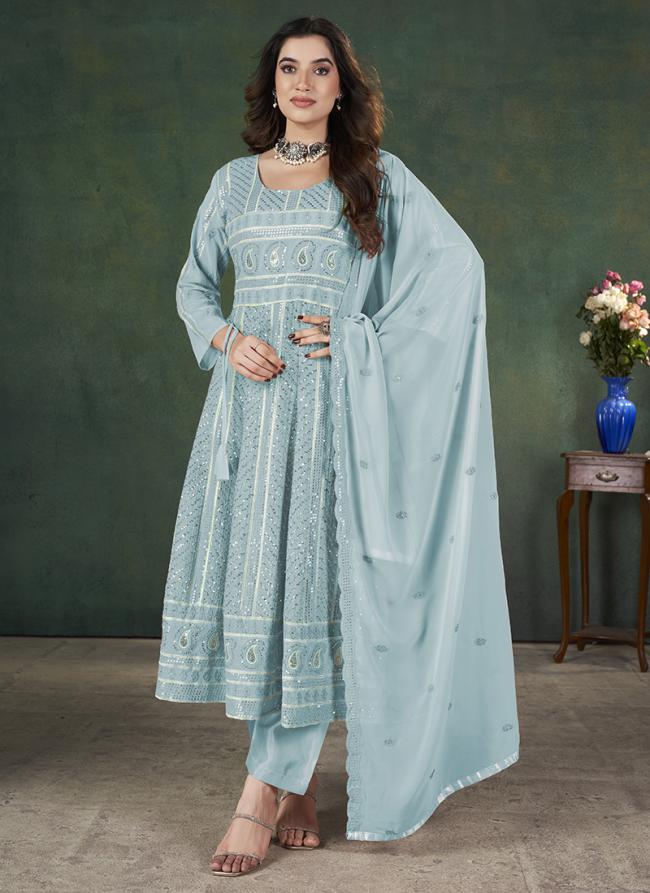 Georgette Turquoise Festival Wear Embroidery Work Anarkali Suit